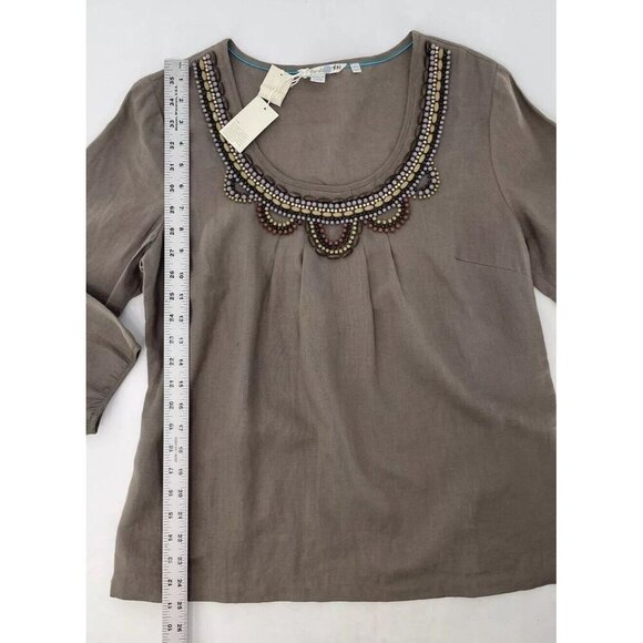 NWT Boden Taupe 100% Linen Shirt Beaded Neckline 3/4 Sleeve US Size 10 Boho - Picture 11 of 12